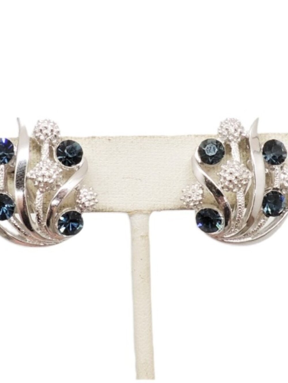 Vintage 1960s Signed Crown Trifari Rhodium Plated Faux-Sapphire Clip Earrings